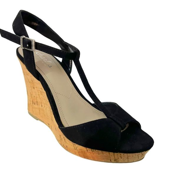 Charles David Black Canvas 7 Wedge Heel Cork Ankle T-Strap Platform Sandals - Picture 6 of 7